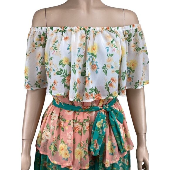 Flying Tomato Floral Off-Shoulder Tiered Dress W/ Belt Size Small Green Pink & W - Picture 8 of 8